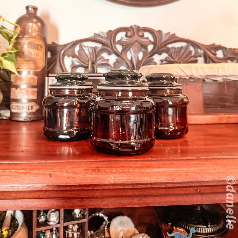 Vintage Amber Brown Glass Apothecary Jar Canisters with Matching Lid